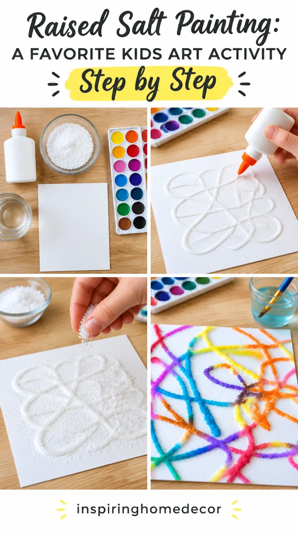 Kids creating colorful raised salt painting art activity.
