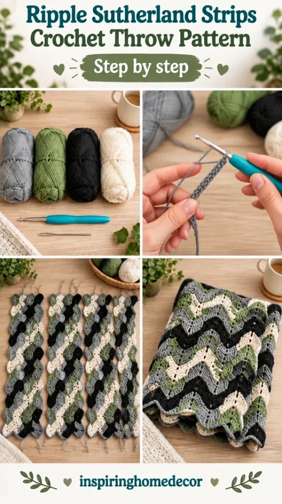 Ripple Sutherland Strips crochet throw pattern showcasing vibrant colors and texture.