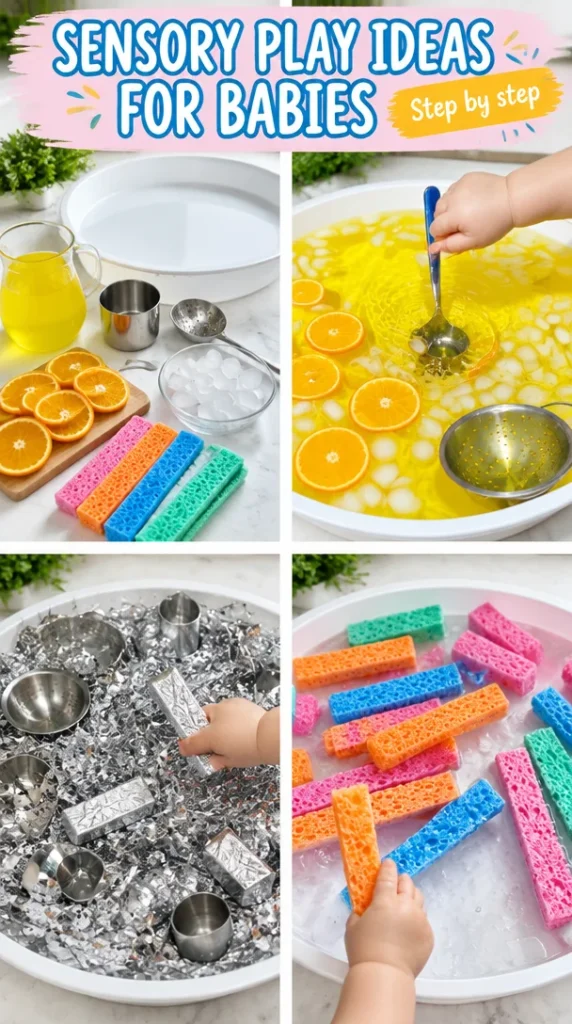A baby exploring colorful sensory play materials during a developmental activity.