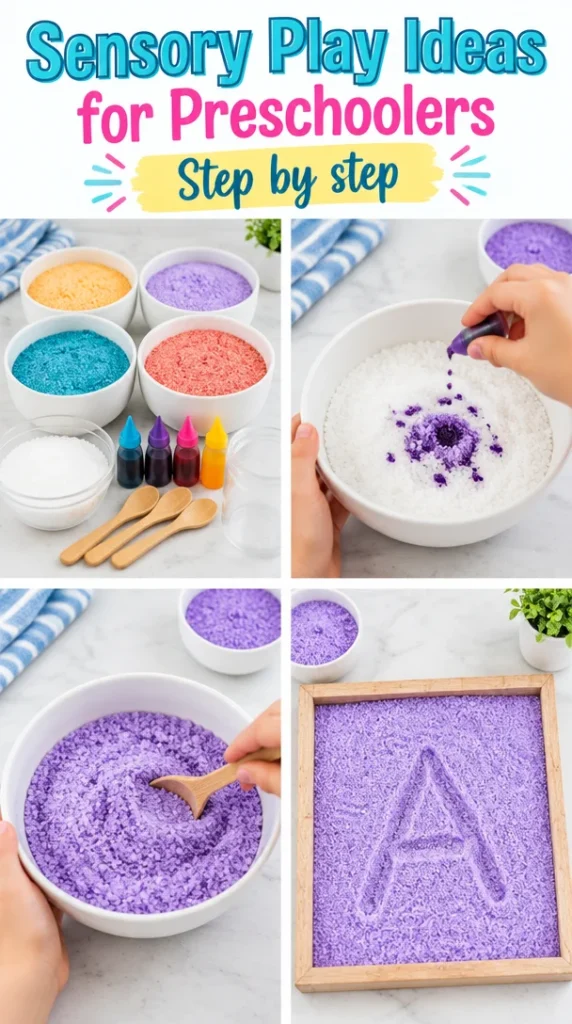 Preschoolers engaged in sensory play activities with colorful materials.