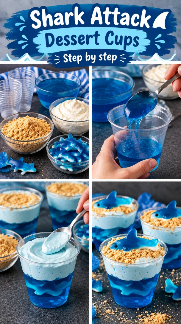 Shark Attack Dessert Cups featuring jelly, whipped cream, and candy sharks.