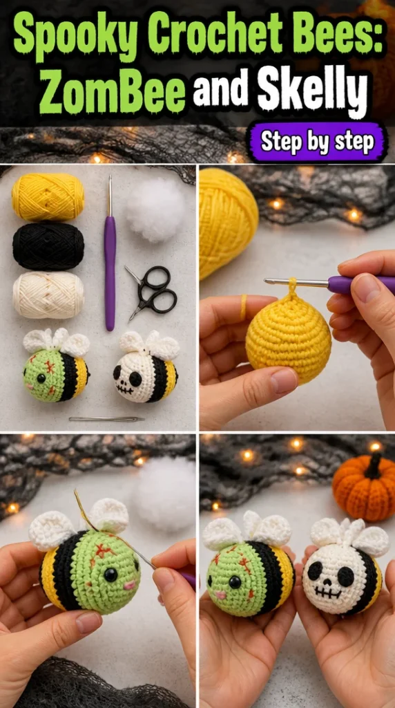 Spooky crochet bees featuring ZomBee and Skelly designs for Halloween.