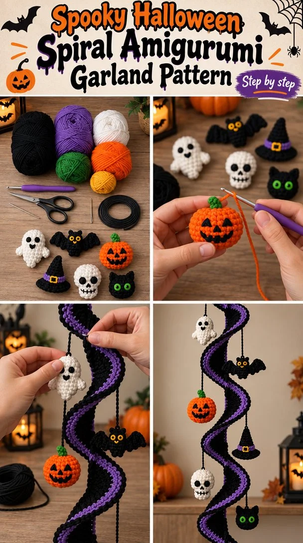 Spooky Halloween Spiral Amigurumi Garland for festive decoration