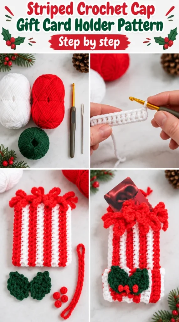 Striped crochet cap designed as a gift card holder pattern