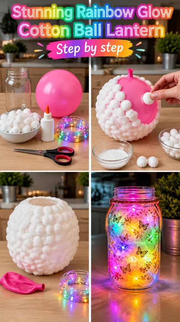 Stunning rainbow glow cotton ball lantern illuminating a stylish interior