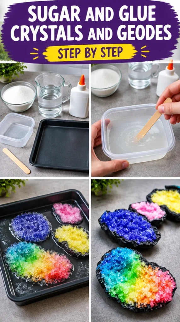 Colorful sugar and glue crystals in various shapes, resembling beautiful geodes.