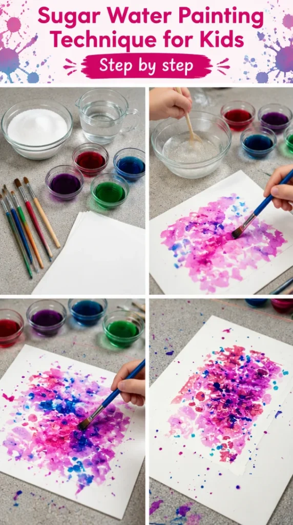 Kids creating colorful art using the sugar water painting technique.