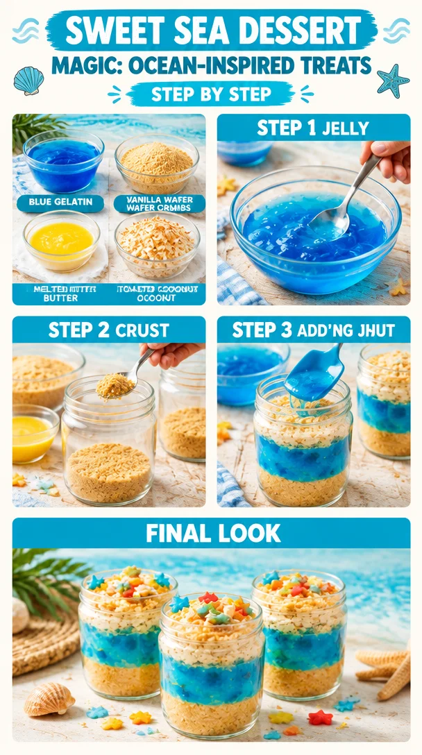 A variety of ocean-inspired treats including seashell cookies and blue ocean jelly desserts.
