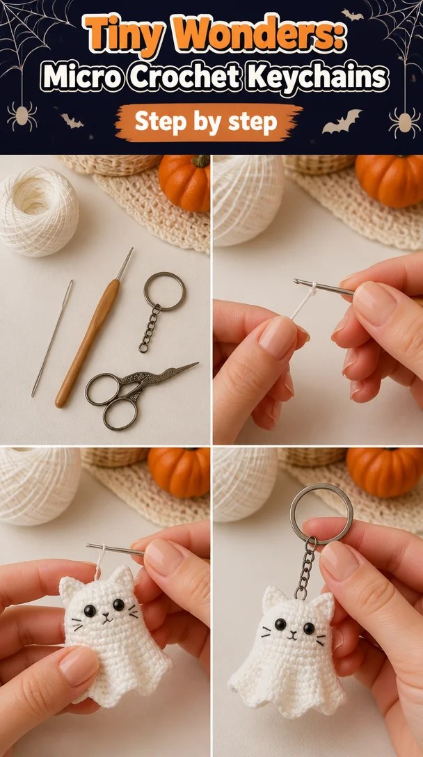 Colorful micro crochet keychains showcasing intricate tiny designs.
