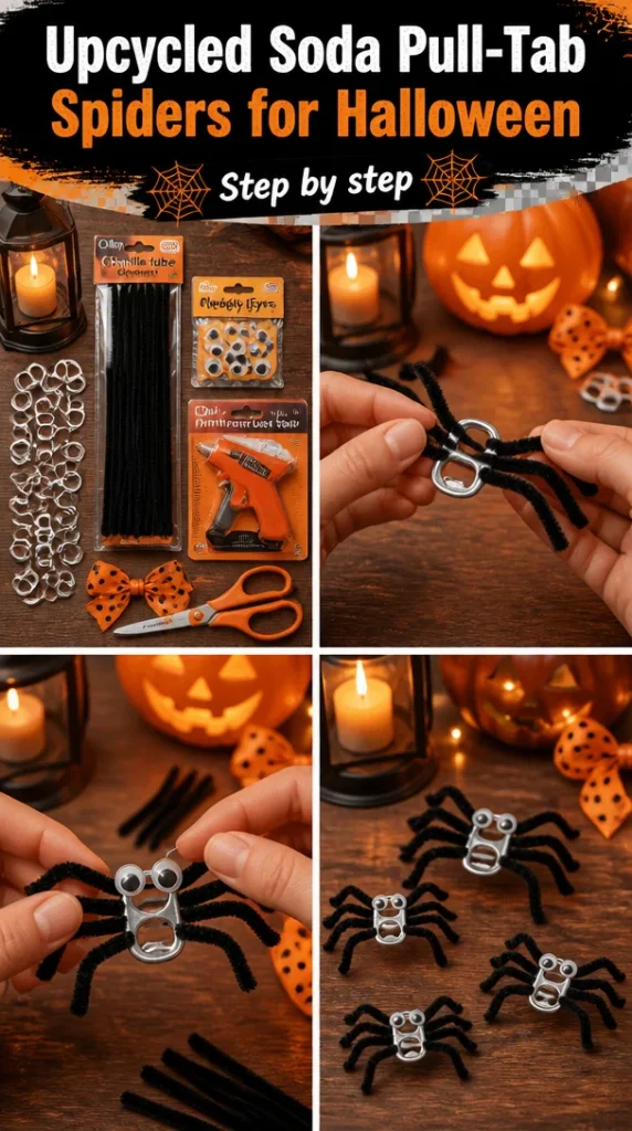 Upcycled soda pull-tab spiders for Halloween decoration