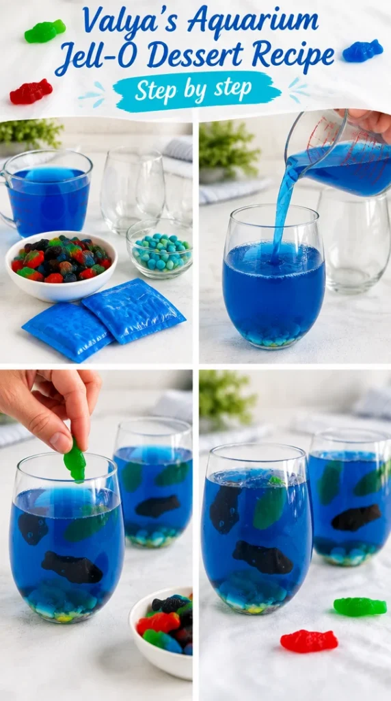 Aquarium Jell-O dessert prepared with colorful layers and gummy fish