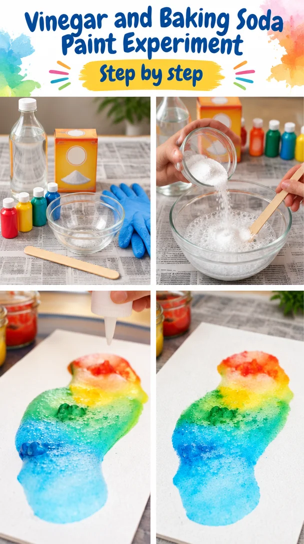 Vinegar and baking soda reaction during paint experiment for kids