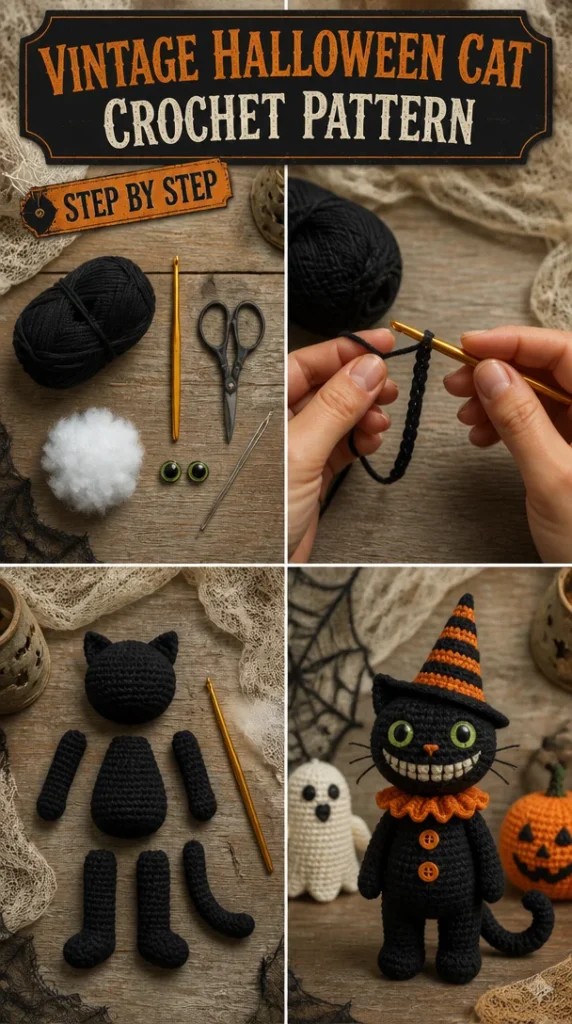 Vintage Halloween Cat crochet pattern for festive decorations